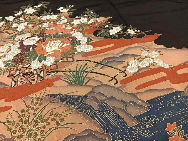 平和屋着物■豪華黒留袖 駒刺繍 花車文 金彩 正絹 逸品 AABC7613oa