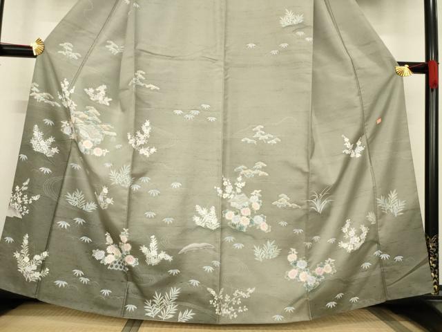 平和屋着物●訪問着 友禅 作家物 紬地 風景花文 正絹 逸品 AABC8114ck