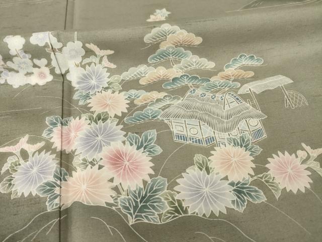 平和屋着物●訪問着 友禅 作家物 紬地 風景花文 正絹 逸品 AABC8114ck