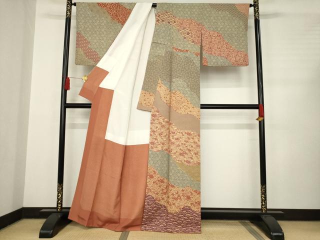 平和屋着物●訪問着 型染め 道長吉祥花文 正絹 逸品 AABC8139ck
