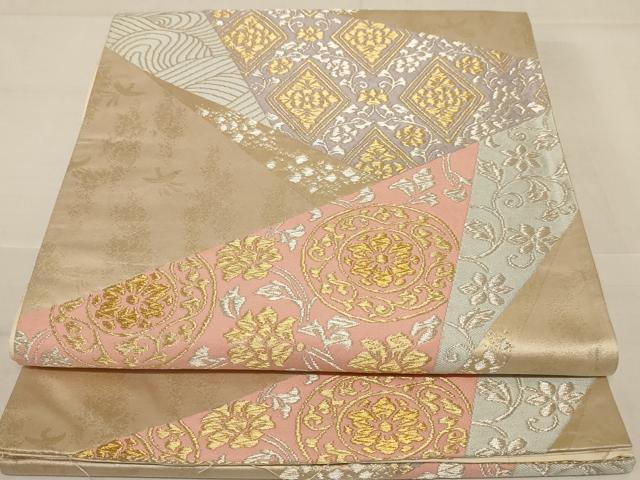 平和屋着物◎六通柄袋帯 切嵌花文 金銀糸 正絹 逸品 AABC8334dt