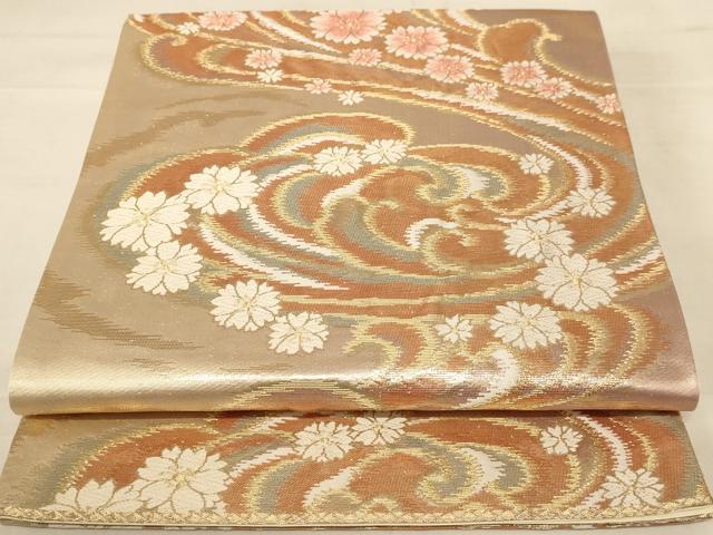 平和屋着物◎六通柄袋帯 唐織 流水花文 金糸 正絹 逸品 AABC8372dt