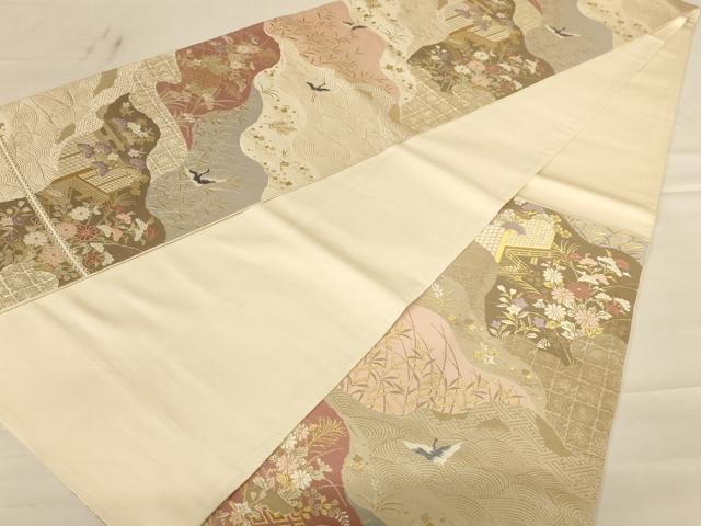 平和屋着物◎六通柄袋帯 唐織 飛鶴花文 金糸 正絹 逸品 AABC8379dt
