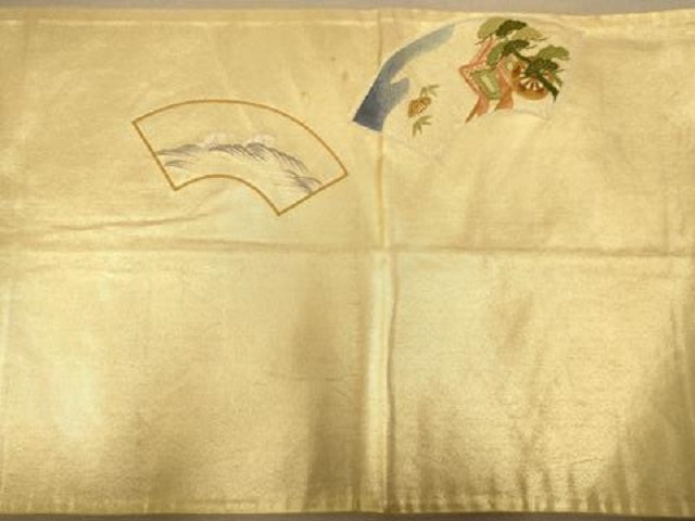 平和屋着物◎太鼓柄袋帯 刺繍 地紙飛鶴文 金糸 正絹 逸品 AABC8468dt