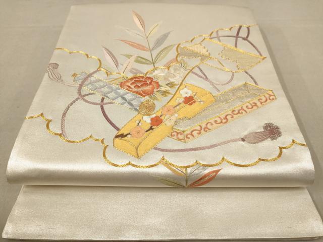 平和屋着物◎太鼓柄袋帯 駒刺繍 総相良刺繍 花絵巻 金銀糸 正絹 逸品 AABC8473dt
