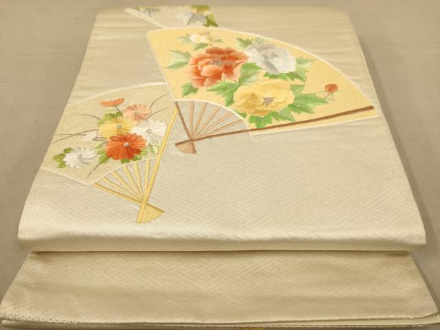 平和屋着物◎太鼓柄袋帯 総刺繍 扇面花文 銀糸 正絹 逸品 AABC8474dt