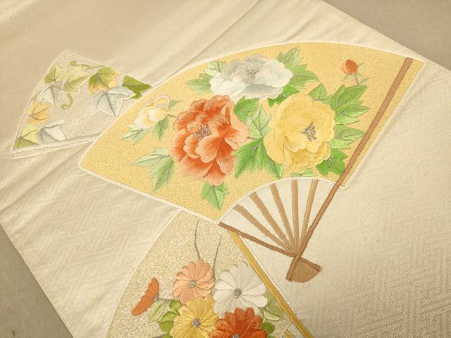 平和屋着物◎太鼓柄袋帯 総刺繍 扇面花文 銀糸 正絹 逸品 AABC8474dt