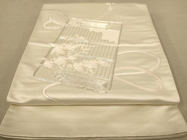 平和屋着物◎太鼓柄袋帯 駒刺繍 器物花文 銀糸 正絹 逸品 AABC8476dt