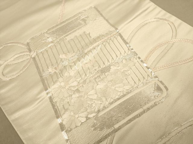 平和屋着物◎太鼓柄袋帯 駒刺繍 器物花文 銀糸 正絹 逸品 AABC8476dt