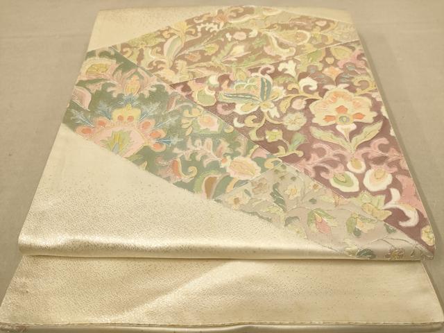 平和屋着物◎太鼓柄袋帯 駒刺繍 更紗花文 銀糸 正絹 逸品 AABC8479dt