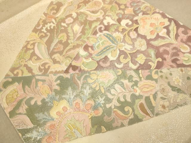 平和屋着物◎太鼓柄袋帯 駒刺繍 更紗花文 銀糸 正絹 逸品 AABC8479dt