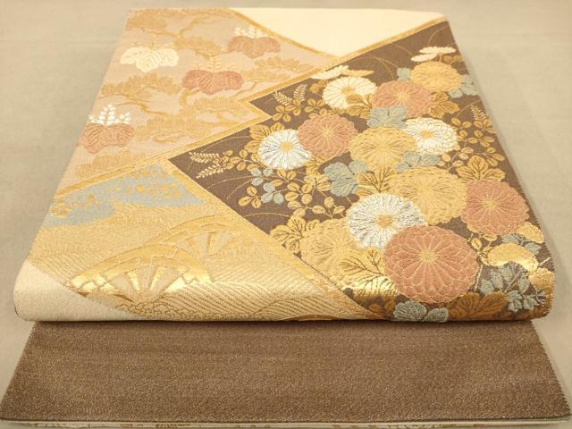 平和屋着物◎両面 太鼓柄袋帯 草花文 金銀糸 正絹 逸品 AABC8545dt