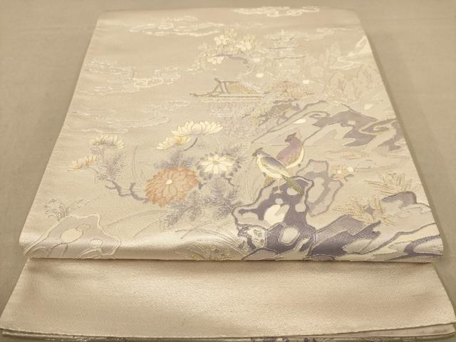 平和屋着物◎太鼓柄袋帯 駒刺繍 花鳥文 金銀糸 正絹 逸品 AABC8547dt
