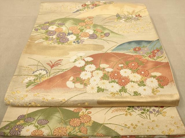 平和屋着物◎六通柄袋帯 唐織 草花風景文 金糸 正絹 逸品 AABC8554dt