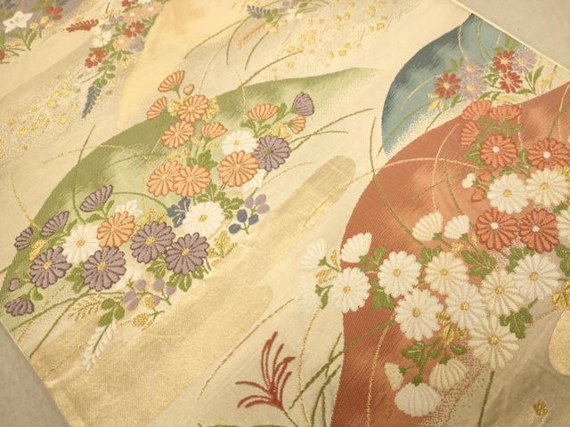 平和屋着物◎六通柄袋帯 唐織 草花風景文 金糸 正絹 逸品 AABC8554dt