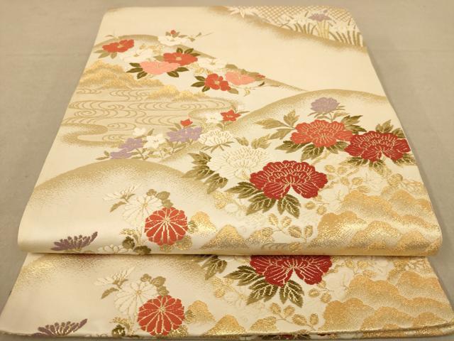 平和屋着物◎六通柄袋帯 唐織 遠山風景花文 金糸 正絹 逸品 AABC8556dt