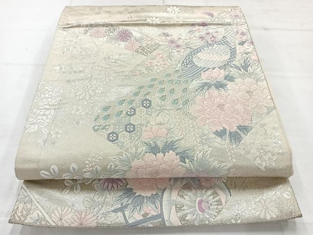 平和屋着物◎六通柄袋帯 唐織 孔雀花文 銀糸 正絹 逸品 AABC8801uk