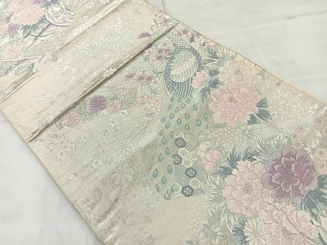 平和屋着物◎六通柄袋帯 唐織 孔雀花文 銀糸 正絹 逸品 AABC8801uk