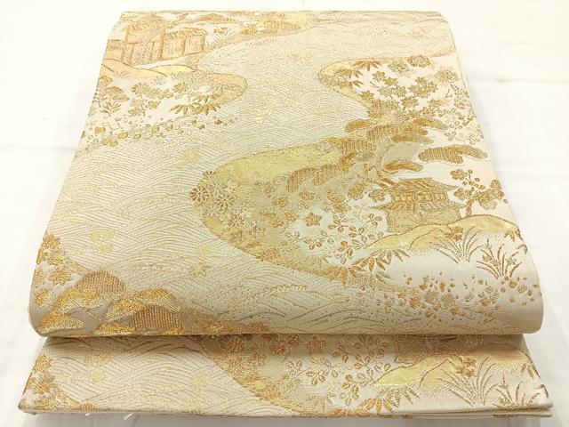 平和屋着物◎六通柄袋帯 宝彩錦 風景花文 金糸 正絹 逸品 AABC8810uk