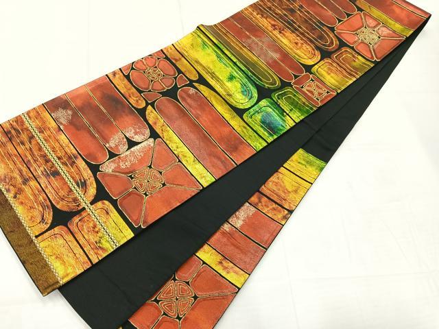 平和屋着物◎六通柄袋帯 横段花文 黒地 正絹 逸品 AABC8824uk