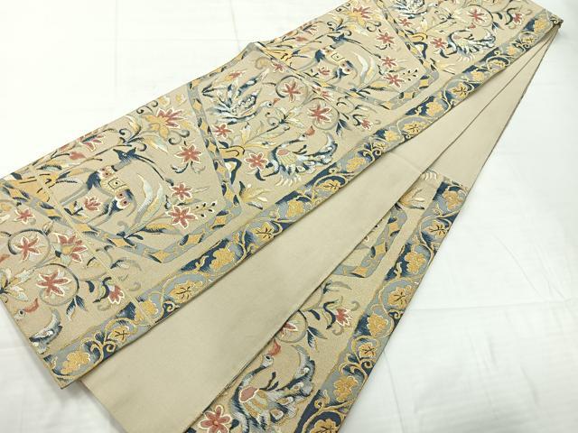 平和屋着物◎六通柄袋帯 唐織 更紗花文 動物 金銀糸 正絹 逸品 AABC8830uk