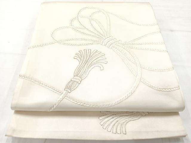 平和屋着物◎太鼓柄袋帯 総刺繍 結び紐 正絹 逸品 AABC8842uk