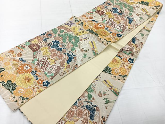 平和屋着物◎アンティーク 大正ロマン 六通柄袋帯 扇面飛鶴花文 金糸 正絹 逸品 AABC8843uk