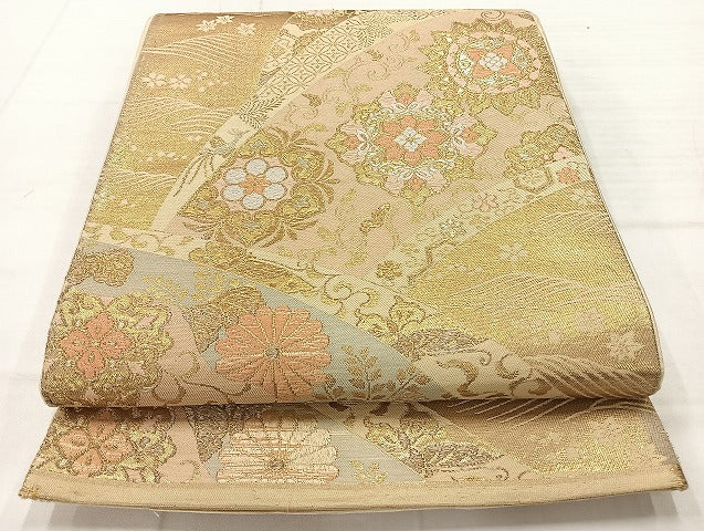 平和屋着物◎六通柄袋帯 地紙花文 金糸 正絹 逸品 AABC8852uk