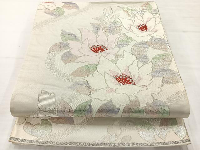 平和屋着物◎六通柄袋帯 唐織 草花文 銀糸 正絹 逸品 AABC8876uk