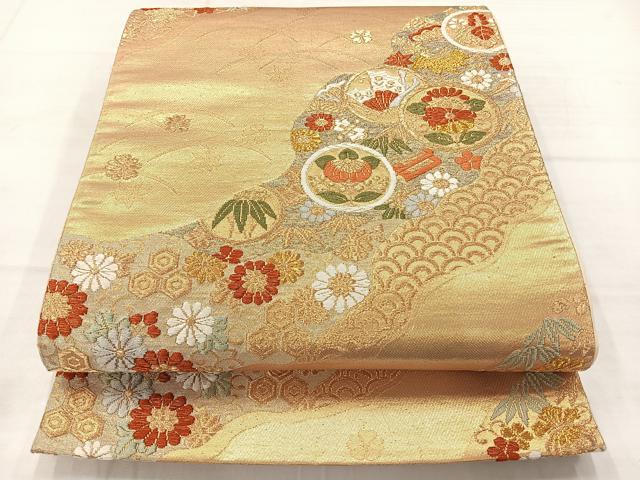 平和屋着物◎六通柄袋帯 唐織 道長花蝶丸文 金糸 正絹 逸品