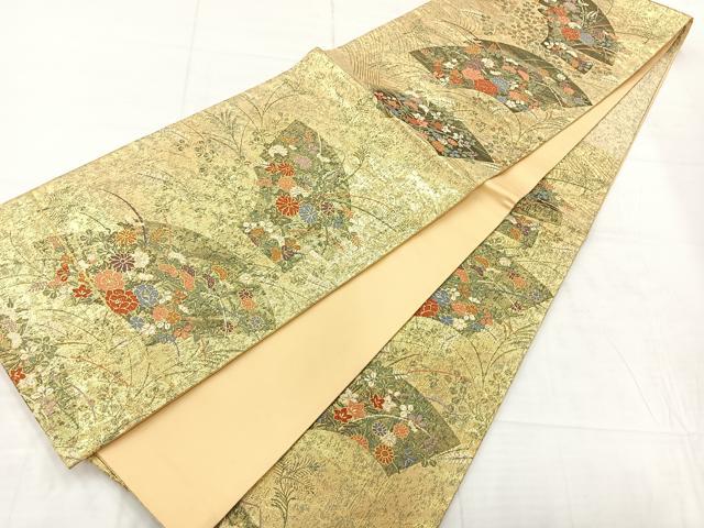 平和屋着物◎六通柄袋帯 唐織 秋草扇面小袖紋 金糸 正絹 逸品 AABC8918uk