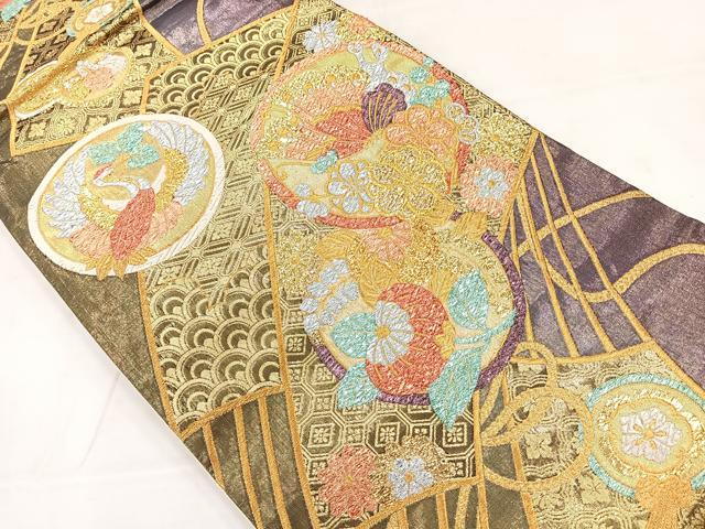平和屋着物◎六通柄袋帯 花蝶文 鶴の丸 金銀糸 正絹 逸品 AABC8930uk