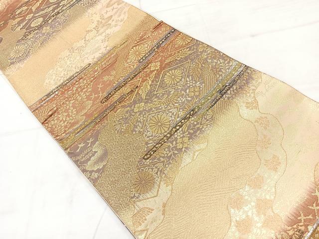 平和屋着物◎六通柄袋帯 道長飛鶴花文 金糸 正絹 逸品 AABC8953uk