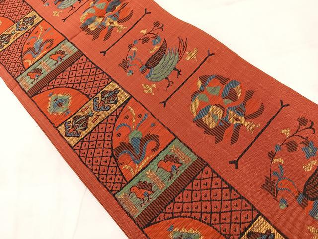 平和屋着物◎六通柄袋帯 石摺唐糸 花鳥文 正絹 逸品 AABC8993uk