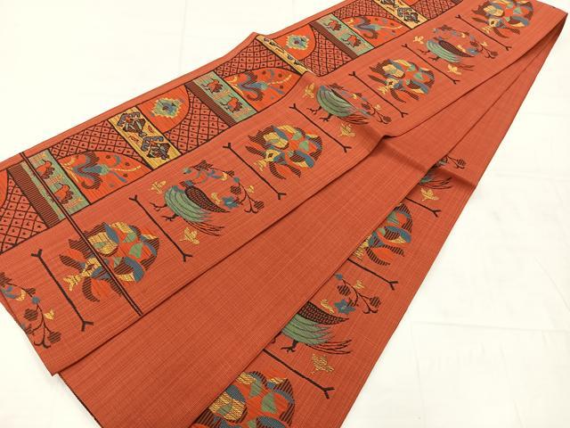 平和屋着物◎六通柄袋帯 石摺唐糸 花鳥文 正絹 逸品 AABC8993uk