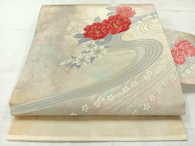平和屋着物◎九寸名古屋帯 流水花文 金銀糸 正絹 逸品 AABC9087uk