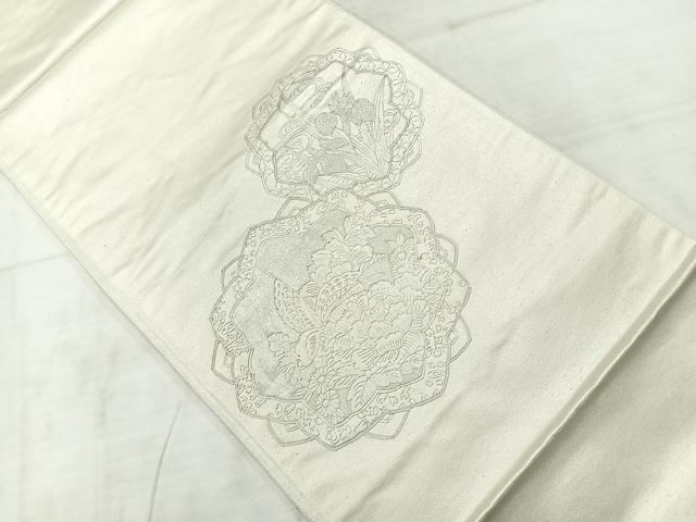 平和屋着物◎太鼓柄袋帯 草花文 銀彩 正絹 逸品 AABC9108uk