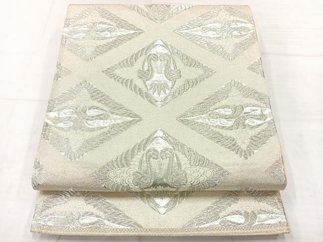 平和屋着物◎六通柄袋帯 唐織 双鶴菱文 銀糸 正絹 逸品 AABC9122uk