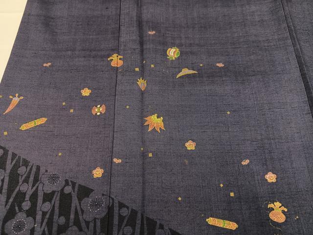 平和屋着物●訪問着 紬地 枝梅宝尽くし 金彩 正絹 逸品 AABC9286ph