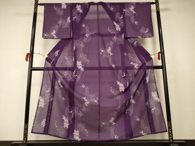 平和屋着物*夏物 小紋 絽 花蝶文 洗える着物 AABC9373jd