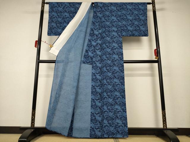 平和屋着物*夏物 小紋 絽 藍 型染め 流水草花文 正絹 逸品 AABC9402jd