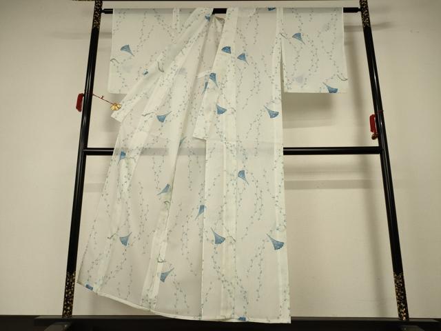 平和屋着物*夏物 小紋 絽 扇子花文 洗える着物 AABC9405jd