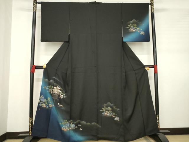 平和屋着物●訪問着 銀閣寺 暈し染め 黒地 金銀彩 正絹 逸品 AABC9441ck