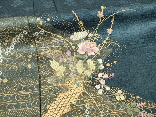 平和屋着物●訪問着 絞り 刺繍 道長花文 金彩 金銀糸 正絹 逸品 AABC9478ck