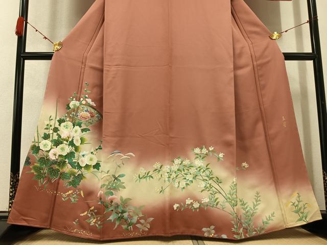 平和屋着物●訪問着 作家物 立葵 地紙枝花文 暈し染め 金彩 さが美扱い 正絹 逸品 未使用 AABC9649ph