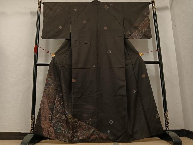 平和屋着物●訪問着 紬地 ろうけつ染 草花文 正絹 逸品 AABC9690ph