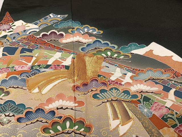 平和屋着物●豪華黒留袖 作家物 駒刺繍 松竹梅扇面花文 暈し染め 金彩 正絹 逸品 AABC9706ph