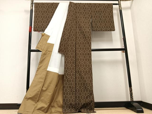 平和屋着物●上質な紬 亀甲文 ロング丈 正絹 逸品 AABC9708ph