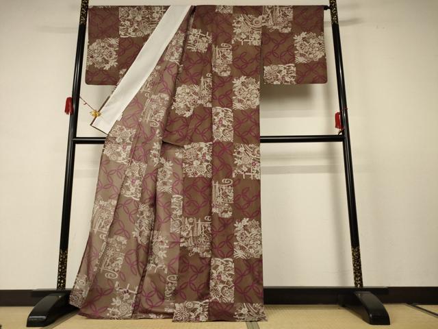 平和屋着物*夏物 小紋 絽 七宝草花文 洗える着物 AABC9844jd