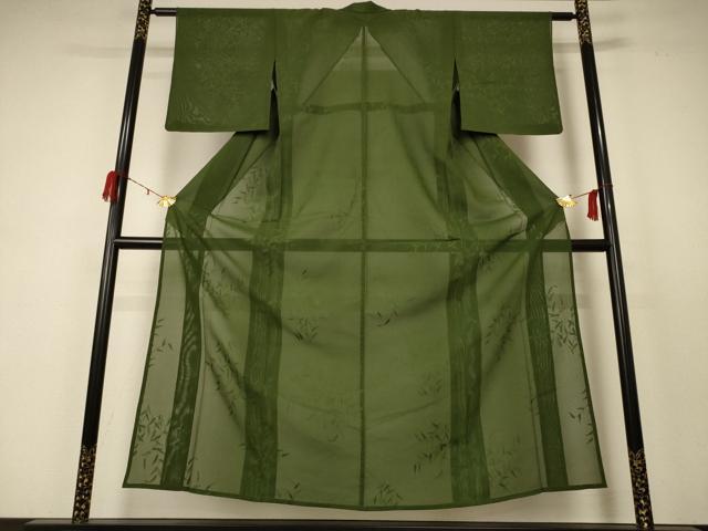平和屋着物*夏物 色無地 縦絽 草葉紋紗 草色 正絹 逸品 AABC9942jd
